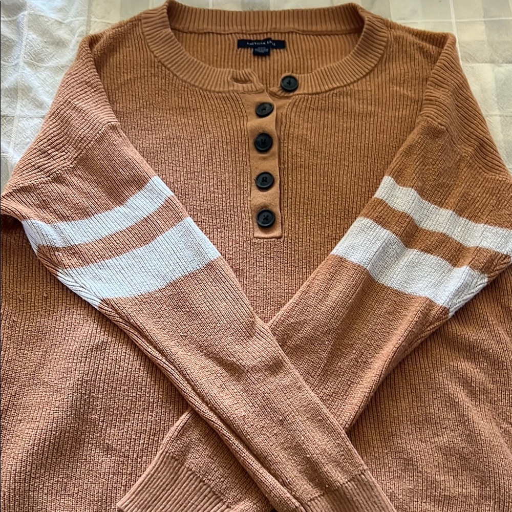 Women's Tan Sweater with White Stripes